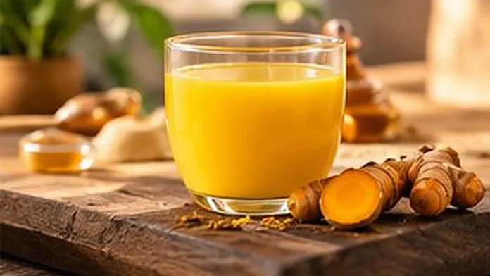 Ly nước nghệ trên bàn gỗ